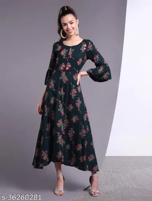 Printed rayon flared kurta for women, three-quarter sleeves, colorful Indian fashion on mannequin