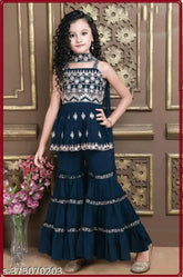 Georgette A-line Kurta sharara Sets for girls, printed with intricate embroidery and long sleeves. Indian fashion for age 5-15