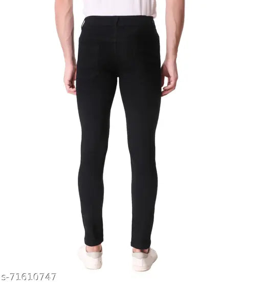 Best Quality Men's Black Knee-Cut Stretchable Denim Jeans - Solid pattern, regular slim fit, comfortable for parties. Size 28, 30, 32, 34, or 36 (inseam 41"). Origin: India