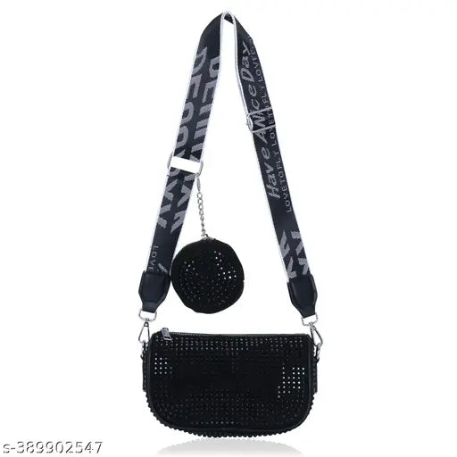 Sparkling Rhinestone Embellished Cross Body Sling Bag with Detachable Straps, Premium Quality