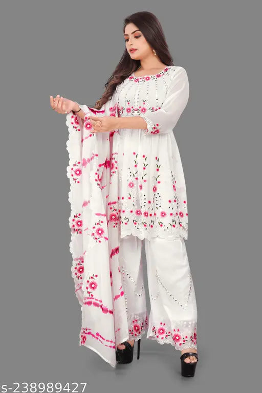 White Georgette embroidered top with sharara and dupatta set for women and girls, three-quarter sleeves, Indian traditional wear on mannequin