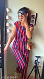 Striped crepe jumpsuit for women trendy, short sleeves, size M with bust 36in, length 58in, waist 34in, Indian origin