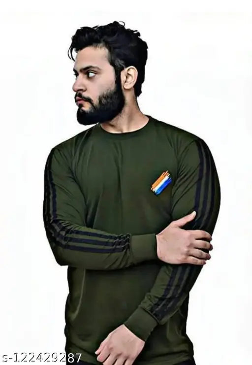 Army green cotton blend long sleeves commando t-shirt, perfect for men's sportswear and casual occasions