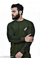 Army green cotton blend long sleeves solid t-shirt for men's sport and casual wear, suitable for various activities and occasions. Made in India
