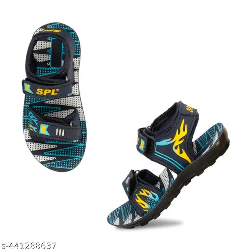 Blue/ylw patent leather boys' sandal with printed net pattern, durable and comfortable for ages 12-18 months to 4-4.5 years. Made in India