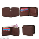 Brown faux leather round zip wallet, 2 compartments, solid pattern. Handy and spill-proof, ideal for cards and currency storage. Men's accessory, made in India