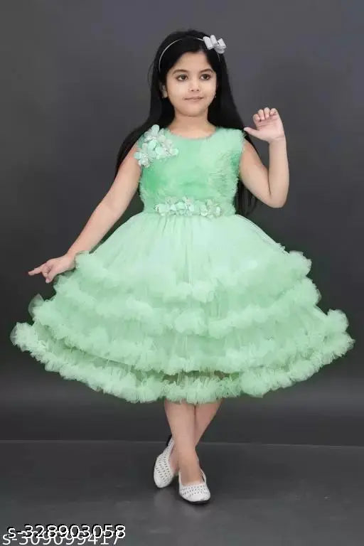 Girls net below knee length fit and flare dress-frock, solid colored sleeveless dress for 1-2 years to 9-10 years