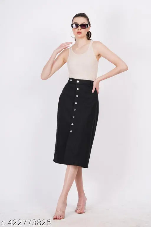 Denim high-rise waist midi skirt with side slit, black pure cotton, Berrylush elegance for women