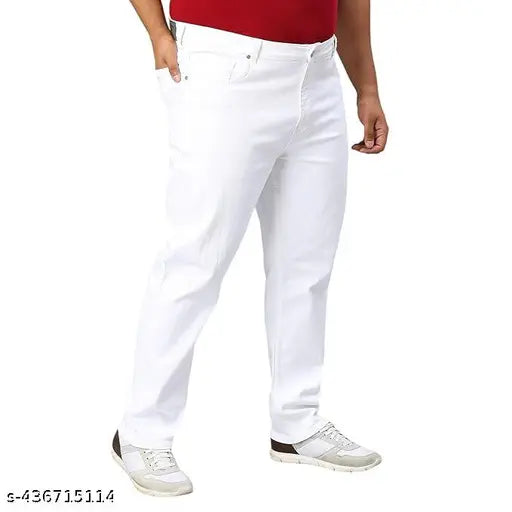 White cotton blend plus size slim-fit jeans for men, perfect fit and premium fabric. Ideal for casual and office wear. Available in sizes 28, 30, 32, 34 (Waist 34, Length 39, Hip 40). Made in India