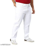 White cotton blend plus size slim-fit jeans for men, perfect fit and premium fabric. Ideal for casual and office wear. Available in sizes 28, 30, 32, 34 (Waist 34, Length 39, Hip 40). Made in India