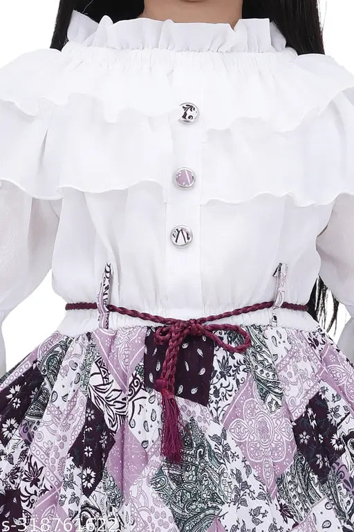 Chiffon below-knee print frock dress for girls' parties, festivals, or weddings, available in various sizes from 2-12 years
