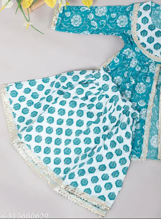 Blue cotton Spack Jerrow Kurti Sharara set for baby girls, featuring straight top and sharara bottom, three-quarter sleeves, printed pattern, and sizes from 12-18 Months to 6-7 Years. Indian ethnic wear for kids