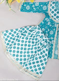 Blue cotton Spack Jerrow Kurti Sharara set for baby girls, featuring straight top and sharara bottom, three-quarter sleeves, printed pattern, and sizes from 12-18 Months to 6-7 Years. Indian ethnic wear for kids