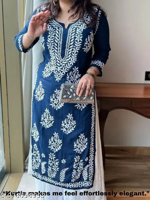 Rayon chikankari work knee-length kurta set with palazzos, embroidered net fabric, three-quarter sleeves
