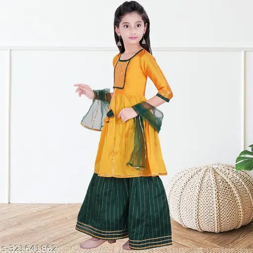 A-line Dupion silk kurta sharara set with printed patterns and three-quarter sleeves for girls, embellished with laces. Indian ready-to-wear fashion." (119 characters)