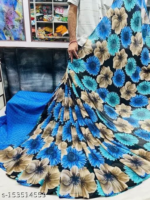 Georgette Daily Wear Saree with Printed Running Blouse, beautiful Indian traditional clothing