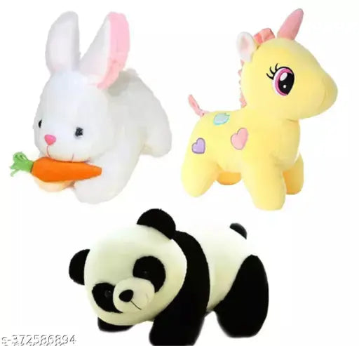 Multicolor combo of panda, rabbit, and unicorn stuffed animals for kids' play, India-origin Anime toys