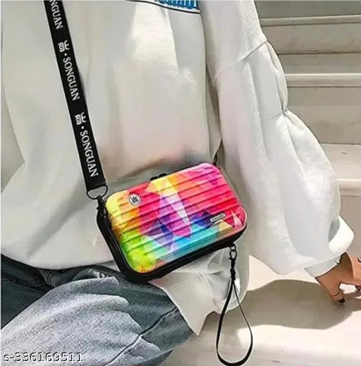 Multi-colored acrylic sling bag with one compartment, free size, printed net pattern, origin from India