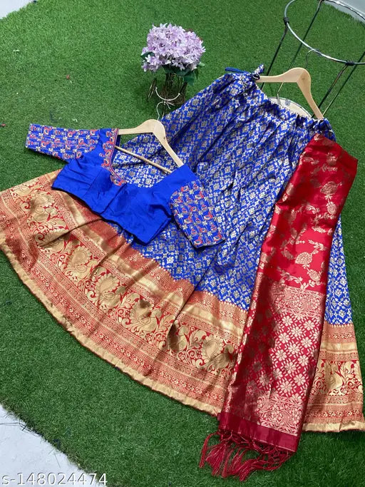 Art Silk Half Saree Pattu Lehenga Voni, unstitched choli and dupatta with ethnic motif prints, Lichi Silk bottom, Satin top, tussled edges, belt included, Indian designer collection, ready to ship