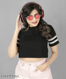 Black cotton blend women's summer crop top, round neck, solid design - perfect for warm weather fashion