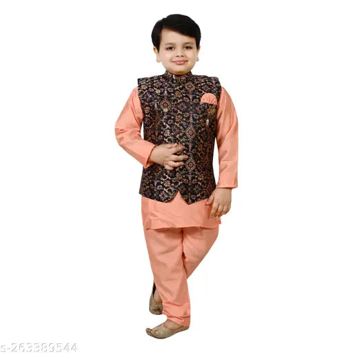 Peach-orange cotton blend kurta pyjamas and waistcoat set for boys, royal look Indo Western party wear