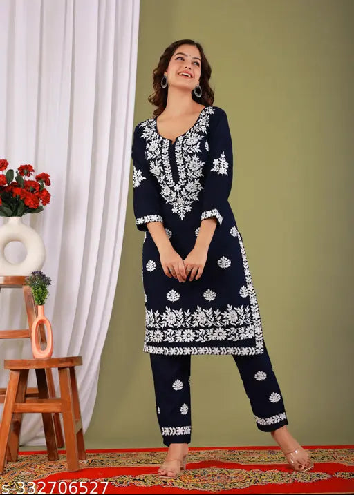 Rayon Chikankari riyon kurti and pant set, printed net three-quarter sleeves, Indian traditional outfit for women