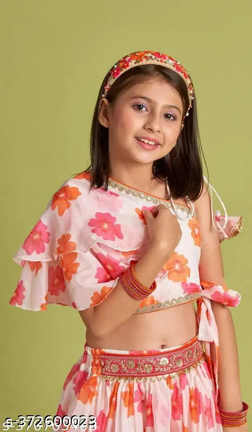 Georgette printed top with lehenga set for kids, vibrant Om Guru Creation design