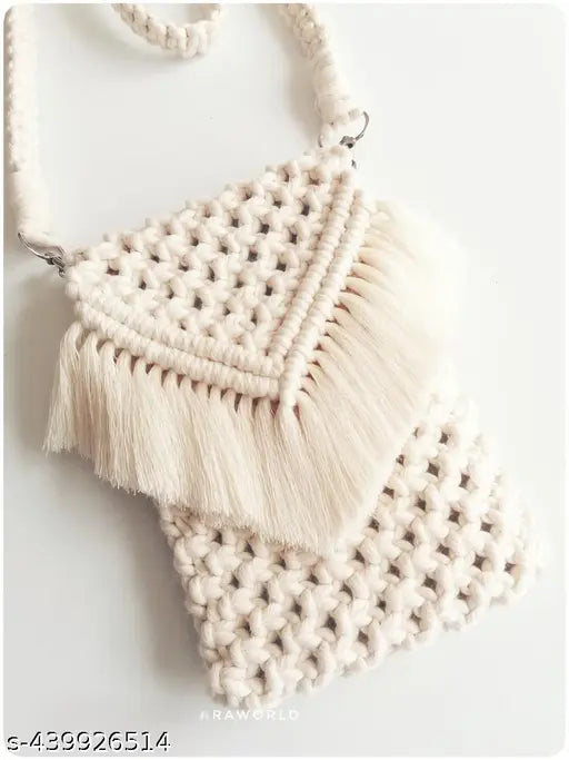 Handcrafted boho-style cotton cord macrame mobile bag, ideal for casual outings, festivals & everyday use