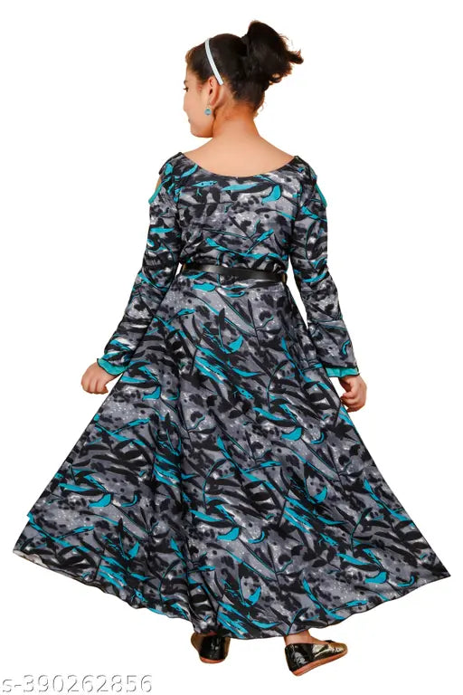 Janglee Printed Maxi Dress, cotton blend, full sleeve, round neck, girls partywear