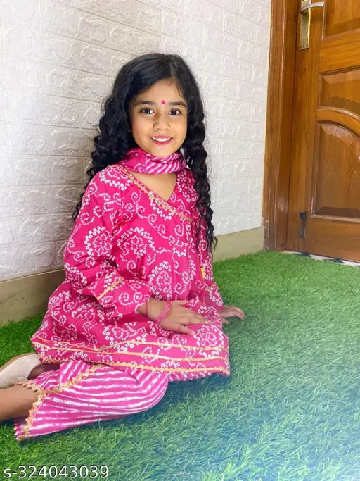 Bandhni dhoti peplum cotton top with printed dupatta for traditional ethnic look - 12-18 months, India origin