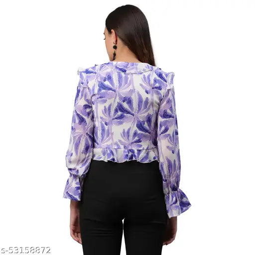 Blue chiffon puff sleeve V-neck top, featuring a solid pattern and perfect fit for women's night or day outings