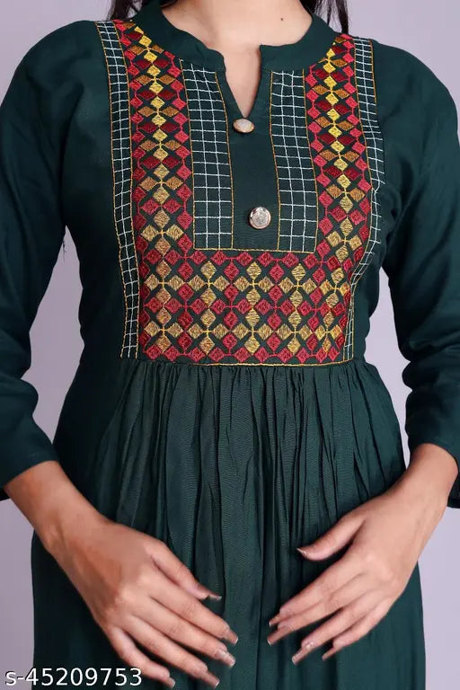 Rayon embroidered Anarkali kurti for women, solid color with three-quarter sleeves, Indian fashion