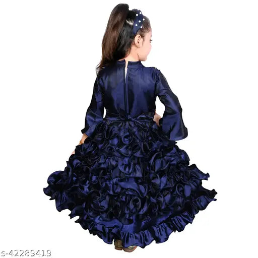 Navy Blue Satin Frock for Girls (2-8 Years), self-designed net pattern, three-quarter sleeves, soft satin fabric for comfort