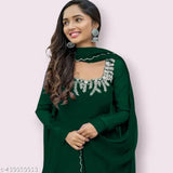 Green Georgette Anarkali Gown with Lace, solid color, floral design, long sleeves, size S-XXL