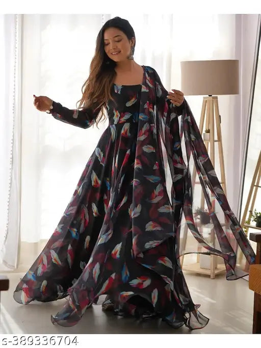 Multicolor polyester long-sleeve leaf kurti for women, printed combo of bright floral patterns on a solid background