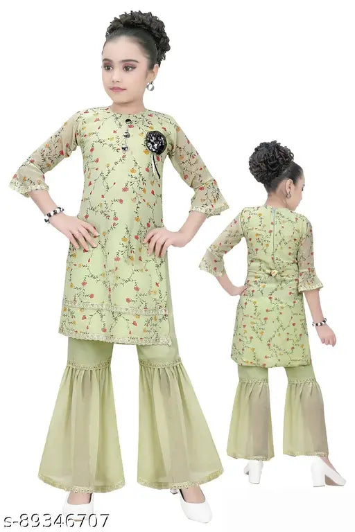 Trendy Georgette A-line kurta-plazzo set for girls (2-3 years, 3-4 years, 6-7 years), printed with Indian motifs