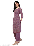 Mauve crepe kurti set with palazzo, single size, three-quarter sleeves, printed design by Fab Galaxy, on model