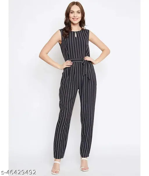 Black printed crepe waist-tie jumpsuit with boat neck, sleeveless, on model