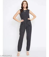 Black printed crepe waist-tie jumpsuit with boat neck, sleeveless, on model