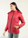 Solid red polyester women's jacket from Chkokko, long sleeves, XL (38in bust, 27in length) or XXL (40in bust, 28in length), stylish winter puffer coat from India