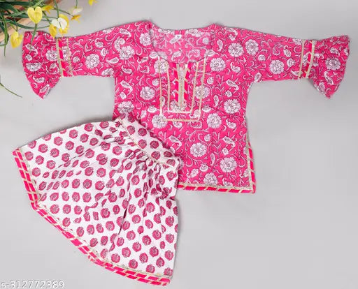 Pure cotton embroidered pink kurti sharara set for baby girls, vibrant Sanganeri print with three-quarter sleeves