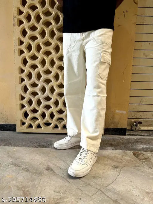 Men's cream solid cargo jeans, relaxed fit denim for casual wear in various sizes (24, 26, 28, 30, 32) on display