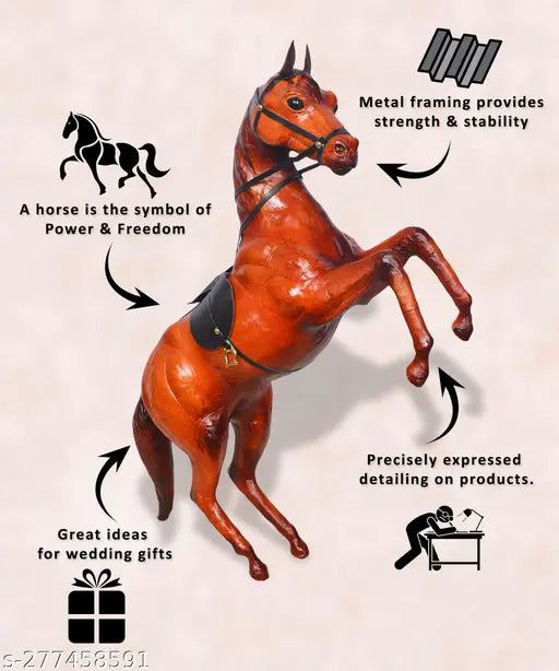 Brown leather rearing horse decorative showpiece, premium handicraft from VMSK Handi-Crafts, 12" x 37cm x 25cm, India origin