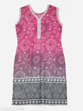 Ethnic Bandhni Print Cotton Kurta Pant Set with Dupatta, vibrant Indian fashion for kids aged 6-14 years