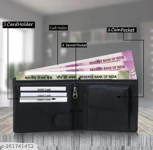 Men's faux leather wallet, solid pattern, new model, 2 compartments, free size (L12cm x W9cm), Indian origin