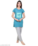 Printed polycotton half sleeve round neck night suit set for women's, ideal for summer and casual wear