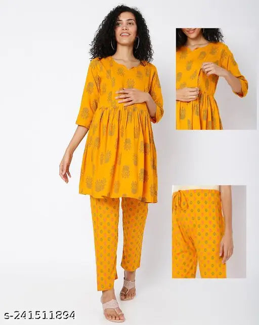 Rayon maternity night suit for women and girls, printed net design, soft, breathable, and comfortable with double zip protection, sizes S-XXXL, made in India