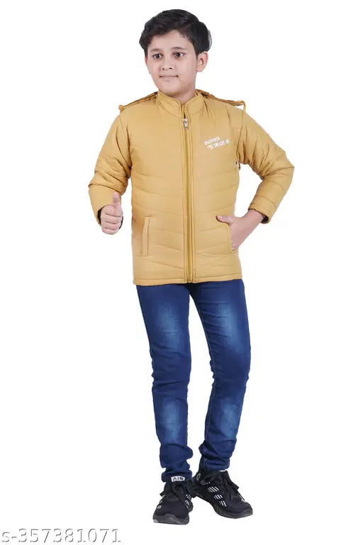 Boys waterproof hooded jacket, polyester, solid pattern, winter wear. Comfortable fit for 6-7, 7-8, and 8-9 years olds. Made in India