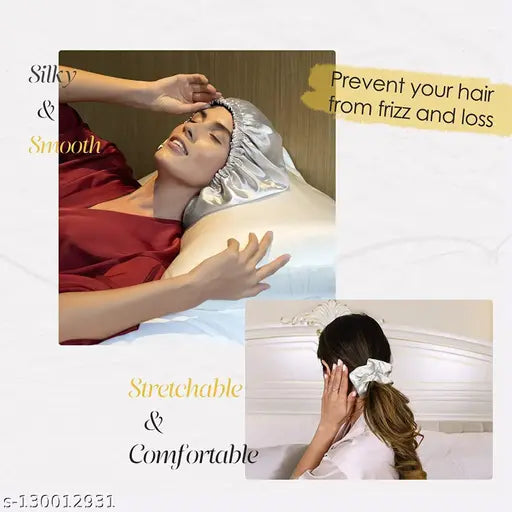 Grey satin sleep cap bonnet with adjustable fit and 3 free scrunches, perfect for protecting and caring for natural hair
