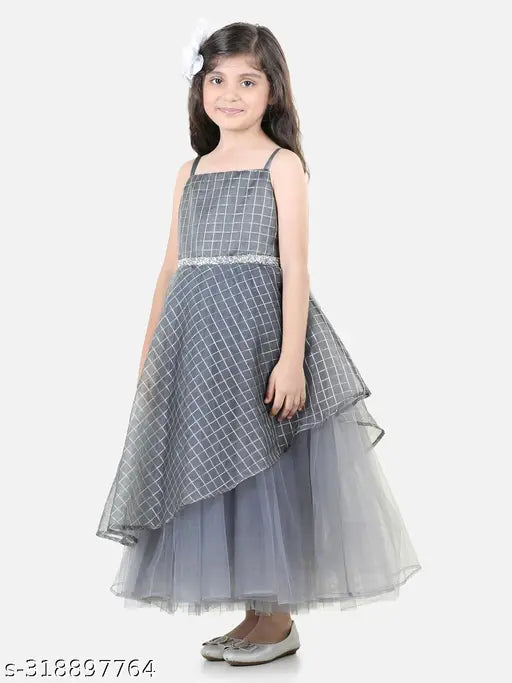 Gray net embellished party gown for girls, full-length toy balloon design, suitable for 2-9 years